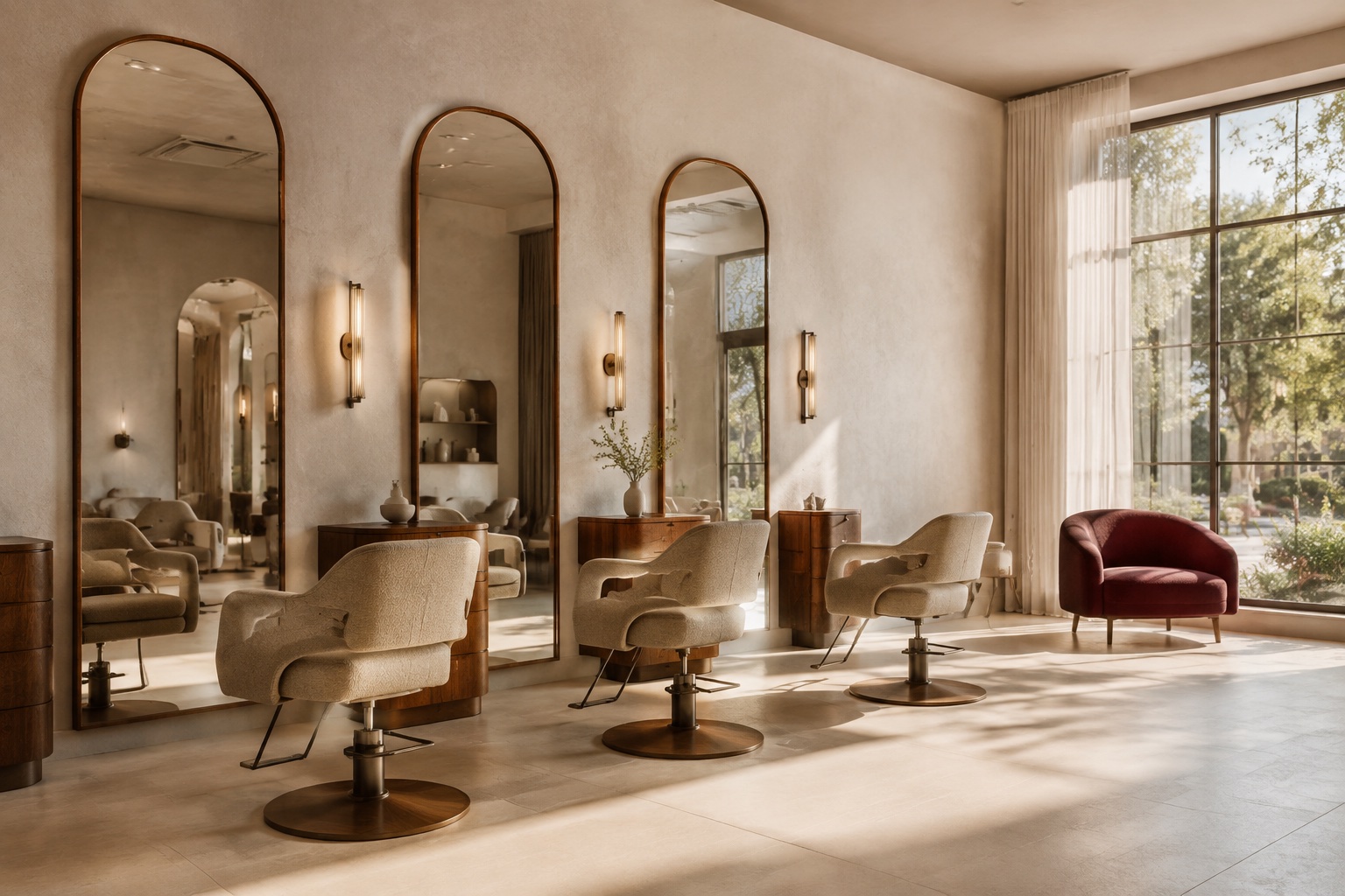 AI-generated salon interior with arched mirrors, soft light, and a burgundy chair